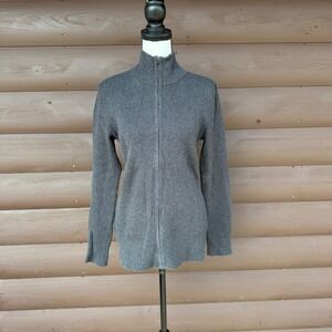 Eddie Bauer Zip Up Sweater Womens TL Charcoal Grey Ribbed Knit Mock Neck